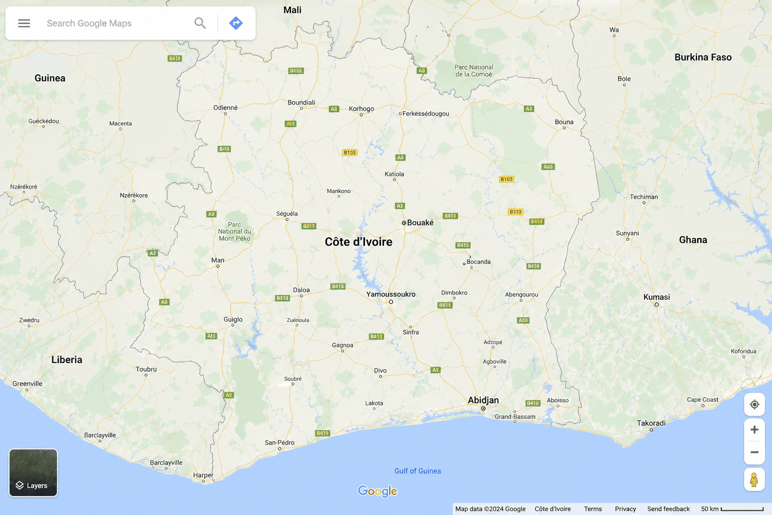 Carte Google Maps — Côte d'Ivoire (mockup)